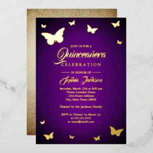 Invitation En Aluminium Feuille D'OR Papillon Violet Quinceanera