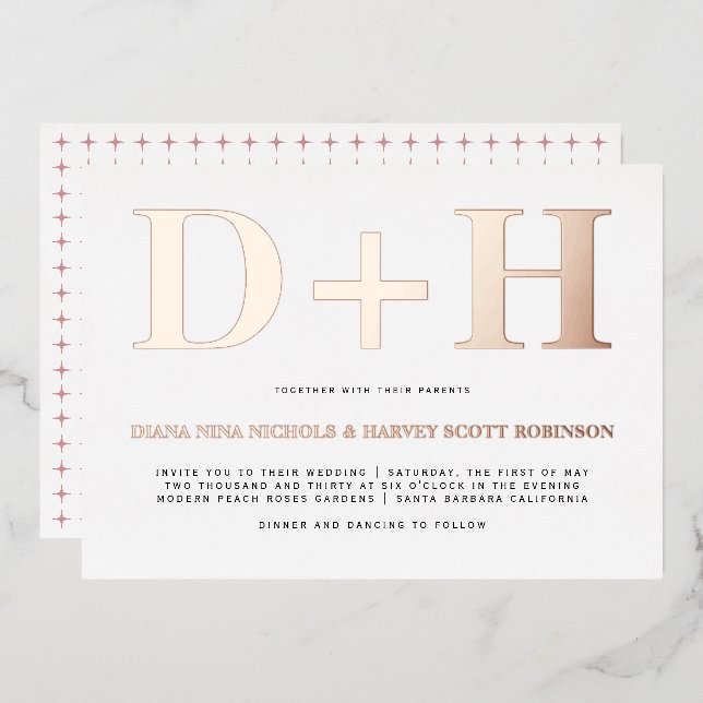 Invitation En Aluminium feuille d'or rose initiales typographie mariage (Recto/Verso)