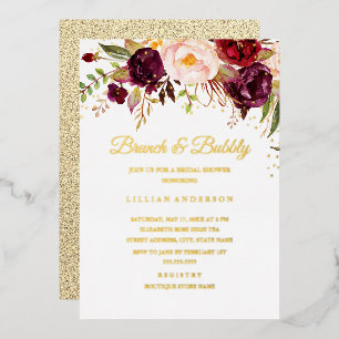 Invitation En Aluminium Feuille d'or Rouge Floral Burgundy Brunch Et Bubbl