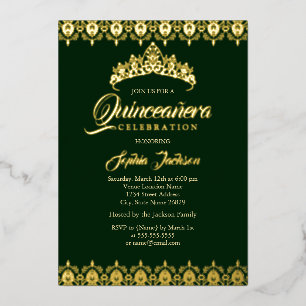 Invitation En Aluminium Feuille d'or Tiara Emerald Quinceanera