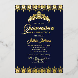 Invitation En Aluminium Feuille d'or Tiara Navy Quinceanera