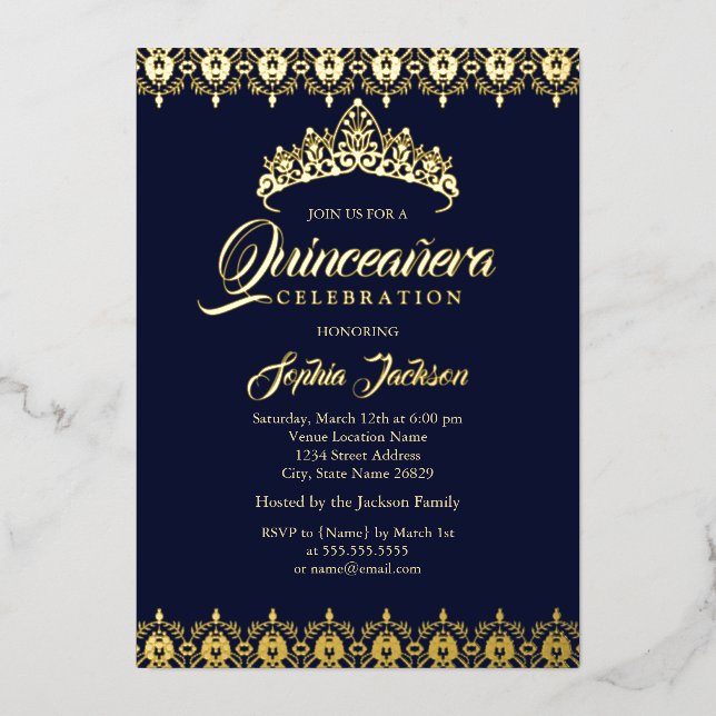 Invitation En Aluminium Feuille d'or Tiara Navy Quinceanera (Recto)