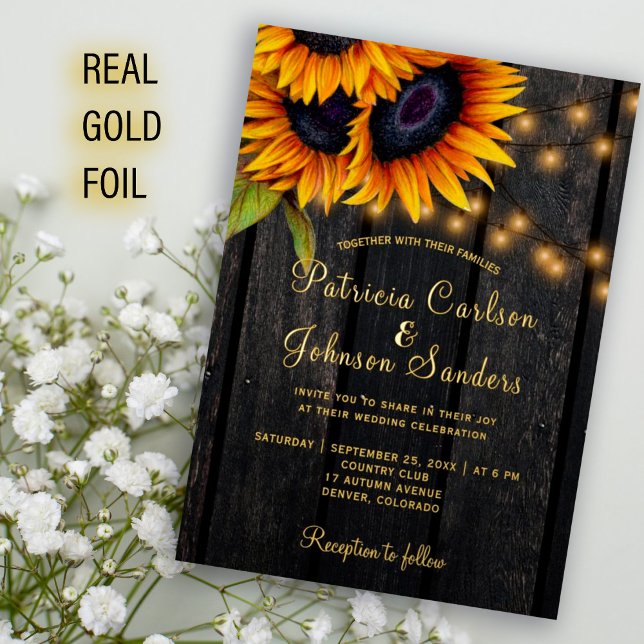 Invitation En Aluminium Feuille d'or tournesol rustique grange mariage en  (Créateur téléchargé)