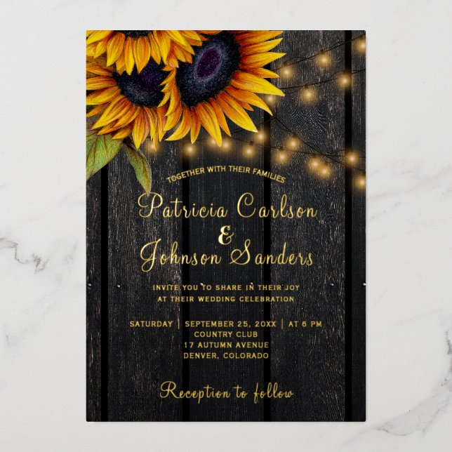 Invitation En Aluminium Feuille d'or tournesol rustique grange mariage en  (Recto)