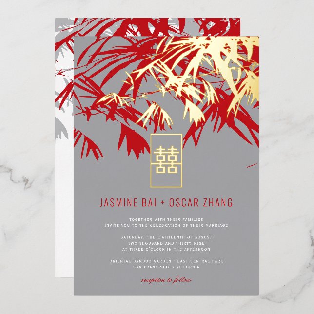 Invitation En Aluminium Feuille double Xi Mariage chinois gris et rouge ba (Recto/Verso)