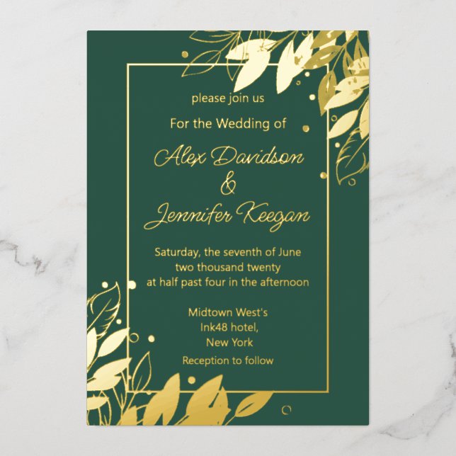 Invitation En Aluminium feuille en or vert émeraude botanique chic mariage (Devant)