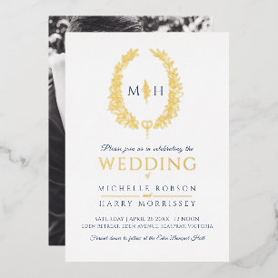 Invitation En Aluminium Feuille ligne ovale art mariage marine bleu or bla