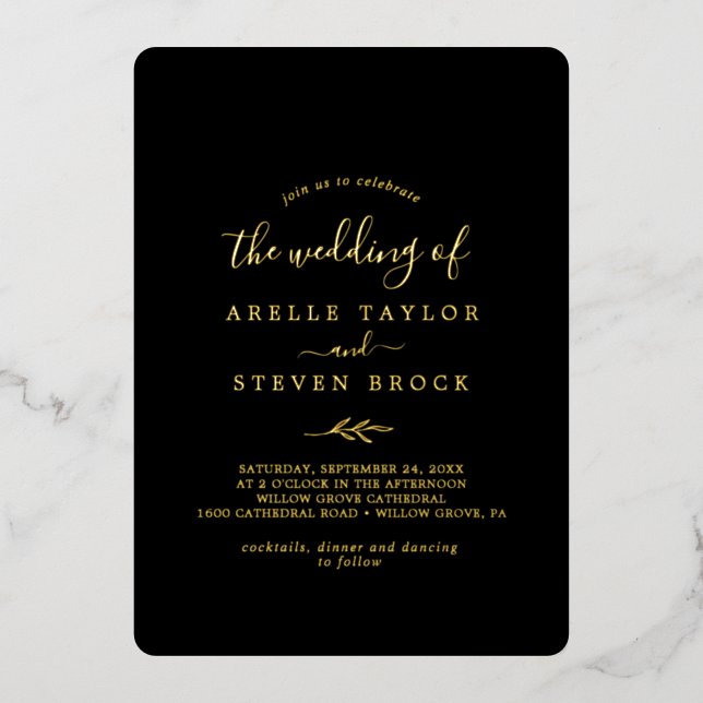 Invitation En Aluminium Feuille minimale | Gold Foil Black Le Mariage de (Recto)