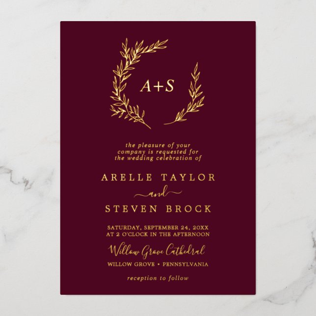 Invitation En Aluminium Feuille minimale | Gold Foil Bourgogne Mariage Mon (Recto)