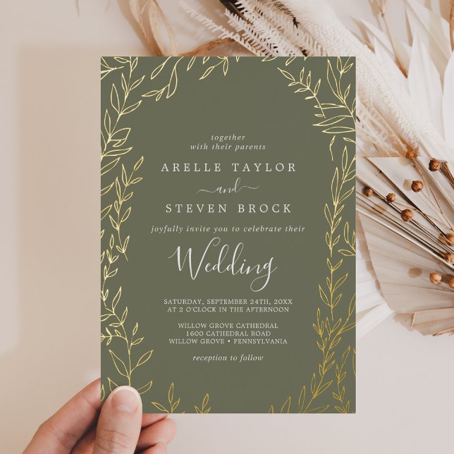 Invitation En Aluminium Feuille minimale | Gold Foil Mariage vert foncé (Créateur téléchargé)