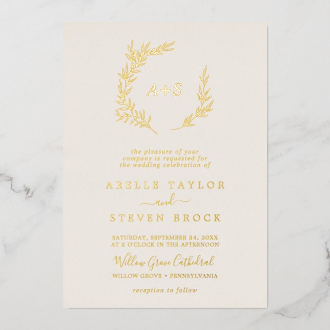Invitation En Aluminium Feuille minimale | Gold Foil Monogramme ivoire Mar (Recto)