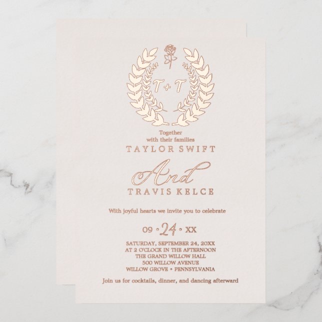 Invitation En Aluminium Feuille minimale | Mariage Rose de monogramme d'hu (Recto/Verso)