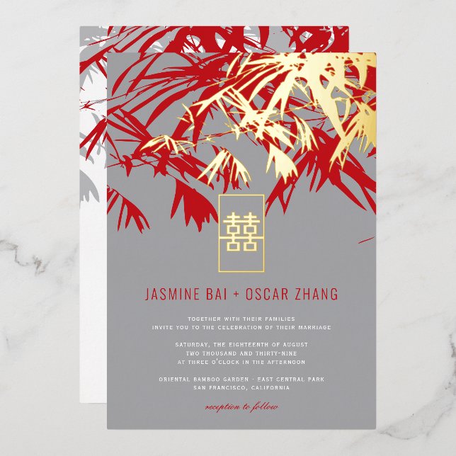 Invitation En Aluminium Feuilles de bambou gris et rouge Double Xi Mariage (Recto/Verso)