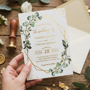 Invitation En Aluminium Feuilles de Eucalyptus Géométrique Mariage Or Réel