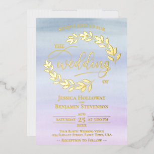 Invitation En Aluminium Feuilles dorées élégantes sur mariage bleu poussié