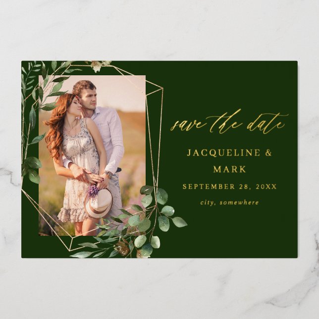 Invitation En Aluminium Feuilles & Eucalyptus Gold V Photo Enregistrer la  (Recto)
