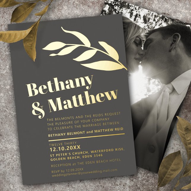 Invitation En Aluminium Feuilles minimalistes en feuille d'or sur mariage  (Créateur téléchargé)