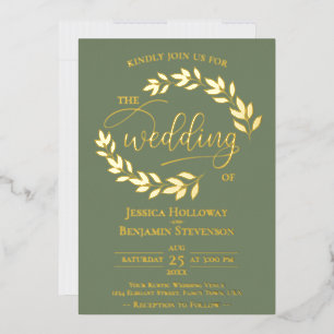 Invitation En Aluminium Feuilles or élégants sur Sage Green Classy Mariage