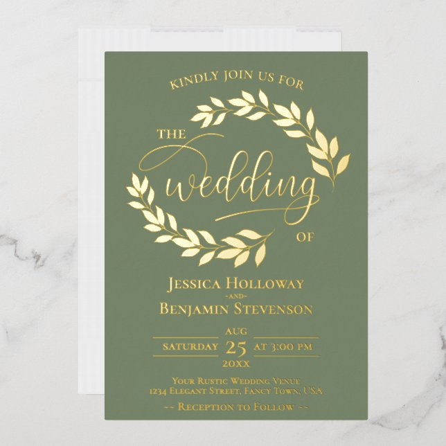 Invitation En Aluminium Feuilles or élégants sur Sage Green Classy Mariage (Enveloppe)