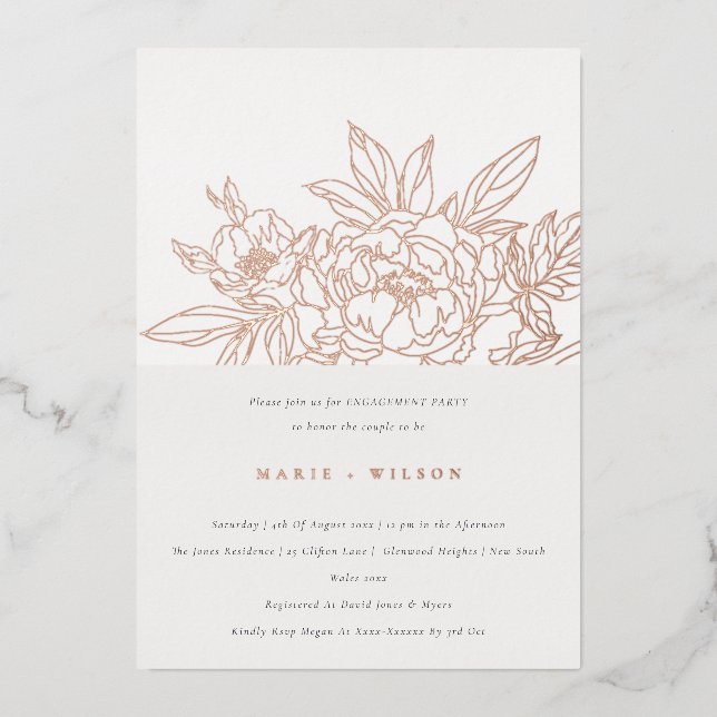 Invitation En Aluminium Fiançailles de croquis floral Rose minimal (Recto)