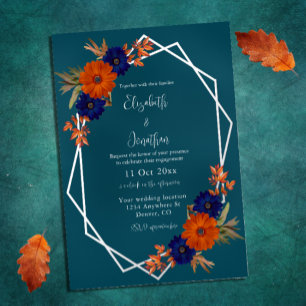 Invitation En Aluminium Fiançailles Florales Rustiques Automne Orange Bleu