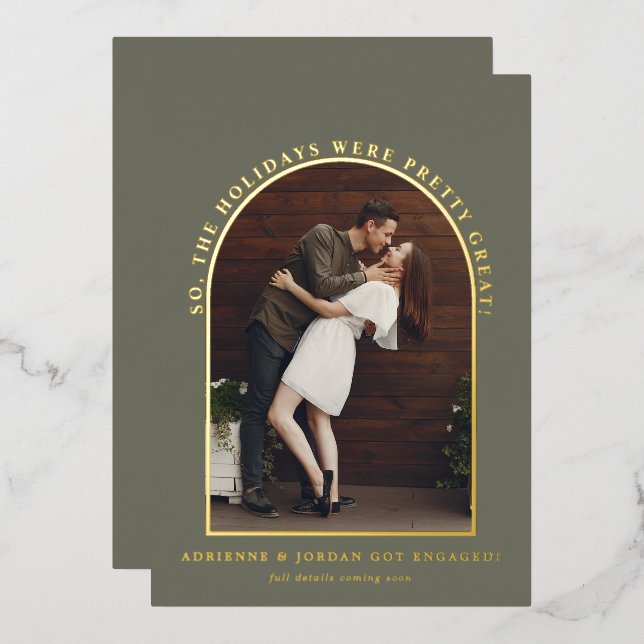 Invitation En Aluminium Fiançailles photo Sage Green Gold Arch (Recto/Verso)