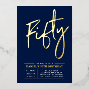 Invitation En Aluminium Fifty   Modern Gold Navy 50th Birthday Party