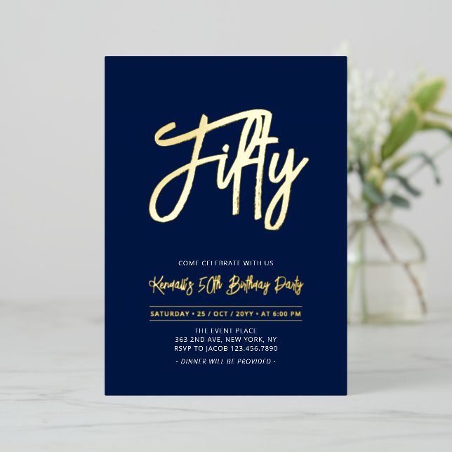 Invitation En Aluminium Fifty | Navy Chic Script 50th Birthday Party (Debout devant)