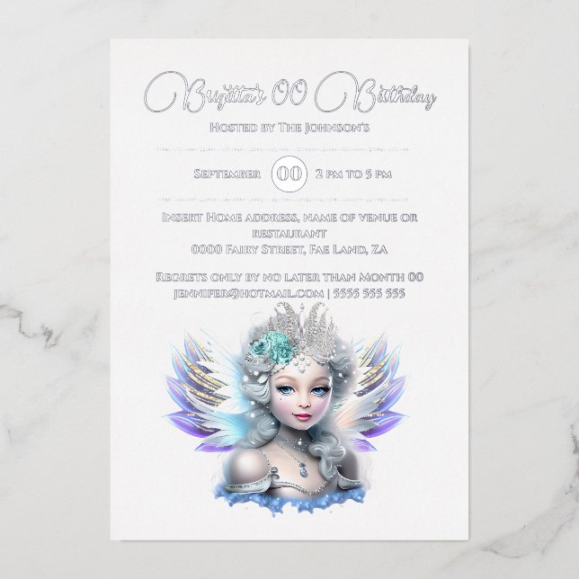 Invitation En Aluminium Fil d'argent neige fée princesse 3D bleu rose fill (Recto)