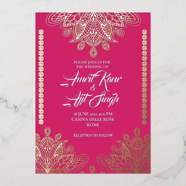 Invitation En Aluminium Filigranes Abstraits sur Fuchsia (Recto)