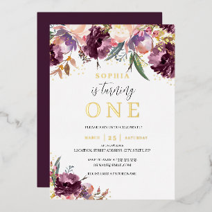 Invitation En Aluminium Fille 1er anniversaire floral aquarelle or violet 