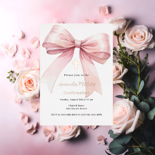 Invitation En Aluminium Fille au nœud rose or rose Confirmation