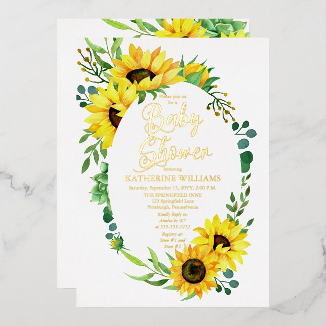 Invitation En Aluminium Fille Baby shower Tournesol Eucalyptus Cadre Flora (Recto/Verso)