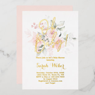 Invitation En Aluminium Fille de Baby shower floral rose rousse Real Foil