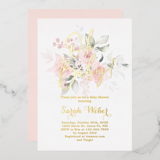Invitation En Aluminium Fille de Baby shower floral rose rousse Real Foil (Recto/Verso)