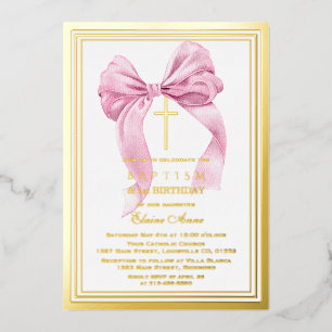 Invitation En Aluminium Fille Élégant Ruban Rose Or 1er Anniversaire Baptê