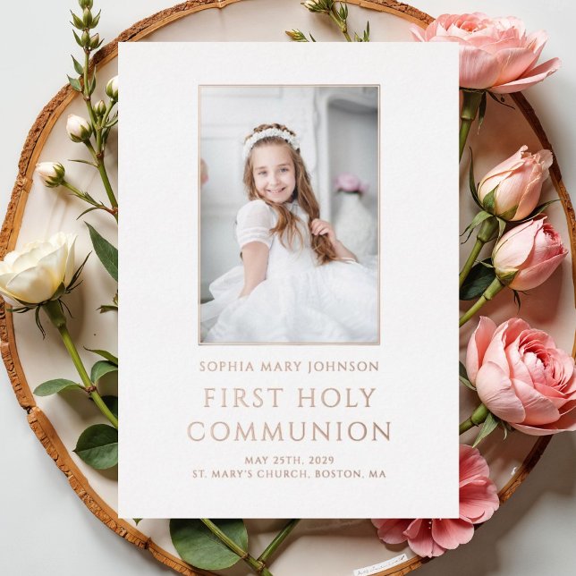 Invitation En Aluminium Fille Photo Première Sainte Communion Rose Or (Girl Photo First Holy Communion Rose Gold Foil Invitation)
