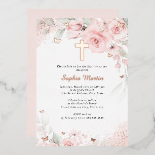 Invitation En Aluminium Fille Rose Blush Rose Gold Cross Floral Baptism