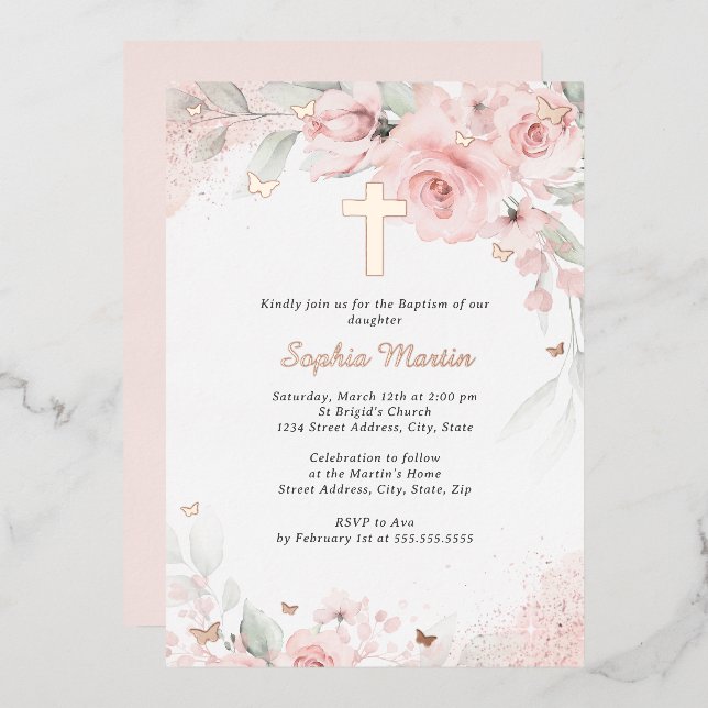 Invitation En Aluminium Fille Rose Blush Rose Gold Cross Floral Baptism (Recto/Verso)