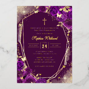 Invitation En Aluminium Fille Rose Or Pourpre Communion Solennelle Feuille