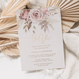 Invitation En Aluminium Filles Fête de 1er Anniversaire Rose Poussiéreux O