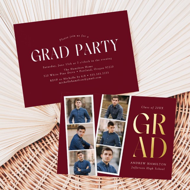 Invitation En Aluminium Film moderne Bourgogne 6 Photo Graduation Party (Créateur téléchargé)