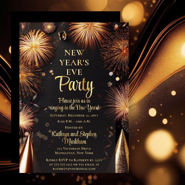 Invitation En Aluminium Fireworks Black Gold New Years Eve Party (Elegant Gold Tone Fireworks on Dramatic Black Real Gold Foil Text New Year's Eve Party Invitation)