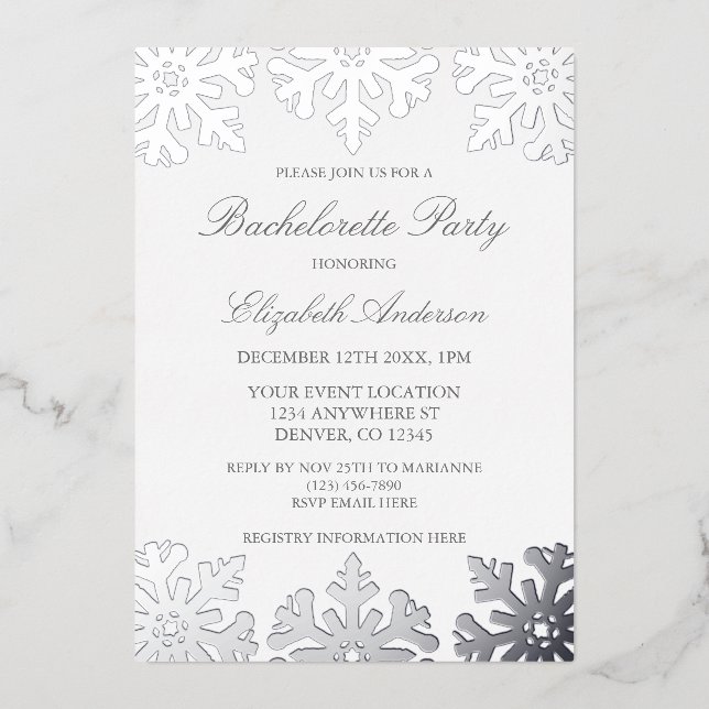Invitation En Aluminium Flamme de neige en argent Hiver Bachelorette (Recto)