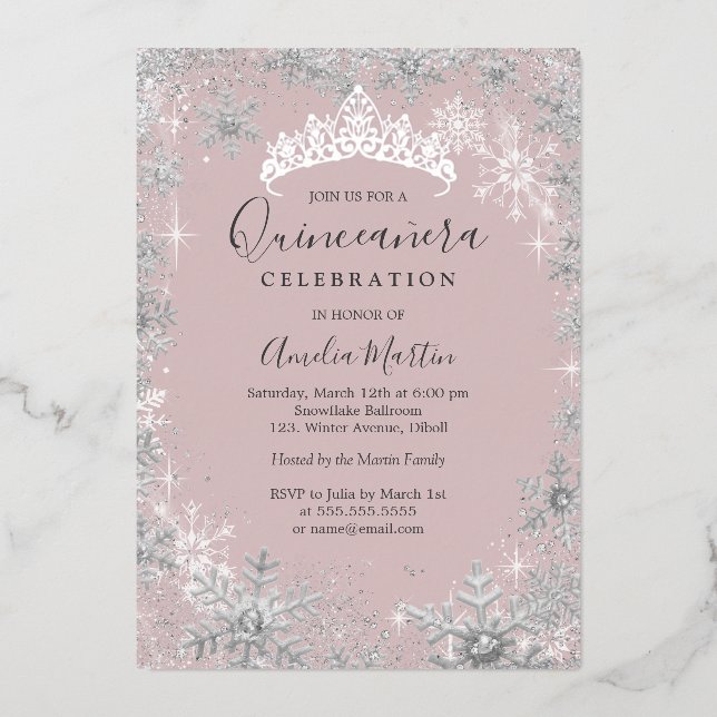 Invitation En Aluminium Fléau de neige blanc Silver Quinceanera (Recto)