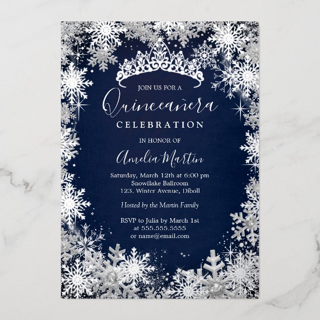 Invitation En Aluminium Fléau de neige en argent de la Marine Quinceanera (Recto)