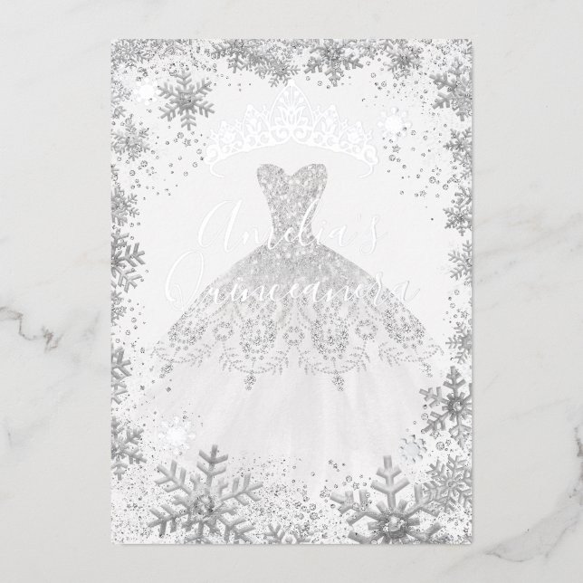 Invitation En Aluminium Fléau de neige en argent d'hiver Quinceanera blanc (Recto)