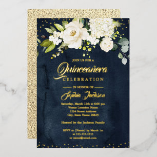 Invitation En Aluminium Fleur à paillettes en feuille d'or Quinceanera Nav