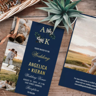 Invitation En Aluminium Fleur Bleu Blanc Monogramme Photos Mariage Or Foi
