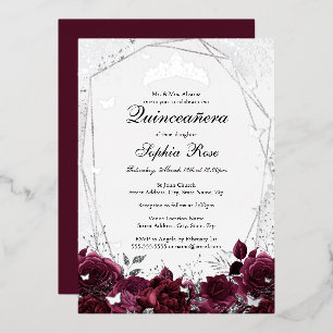 Invitation En Aluminium Fleur Bourgogne Tiara Argent Quinceanera
